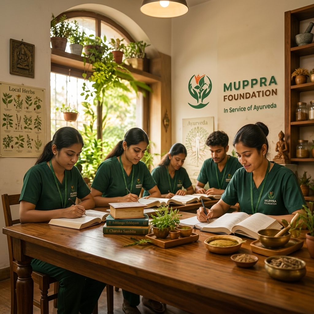 Ayurveda students wearing green scrubs studying books together at a wooden table in front of the Muppra Foundation logo on the wall